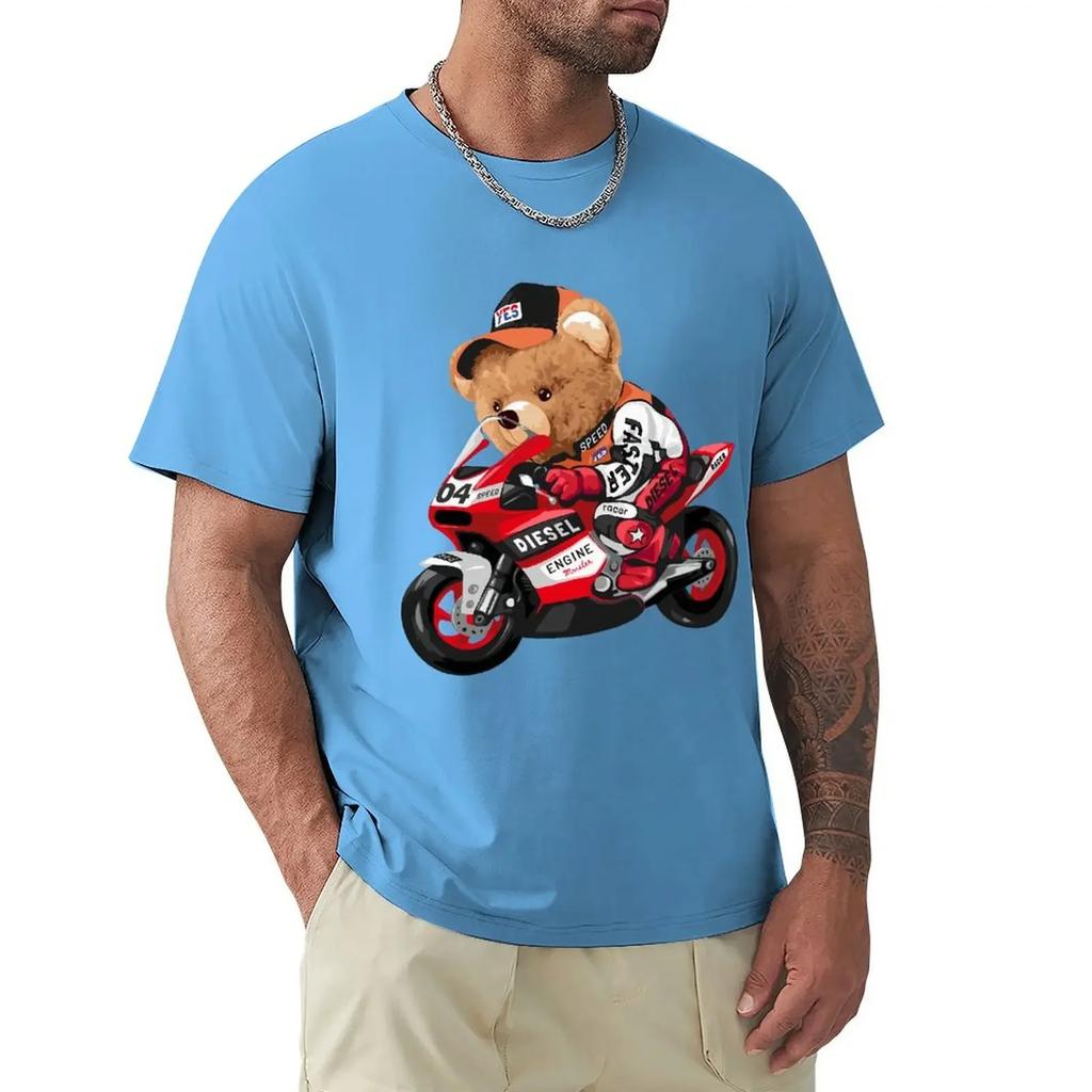 Cute Teddy Bear Riding Motorcycle T Shirt Harajuku Short Sleeve T-shirt 100% Cotton Graphics Tshirt Tops