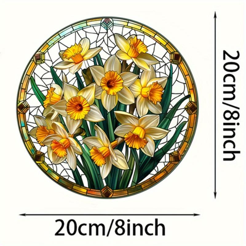 2D Flat Acrylic Garden Round Wall Hanging Decoration Sign, Daffodil Spring Sun Catcher, Nurseries, Vintage Home Decor Wall for Bar Kitchen
