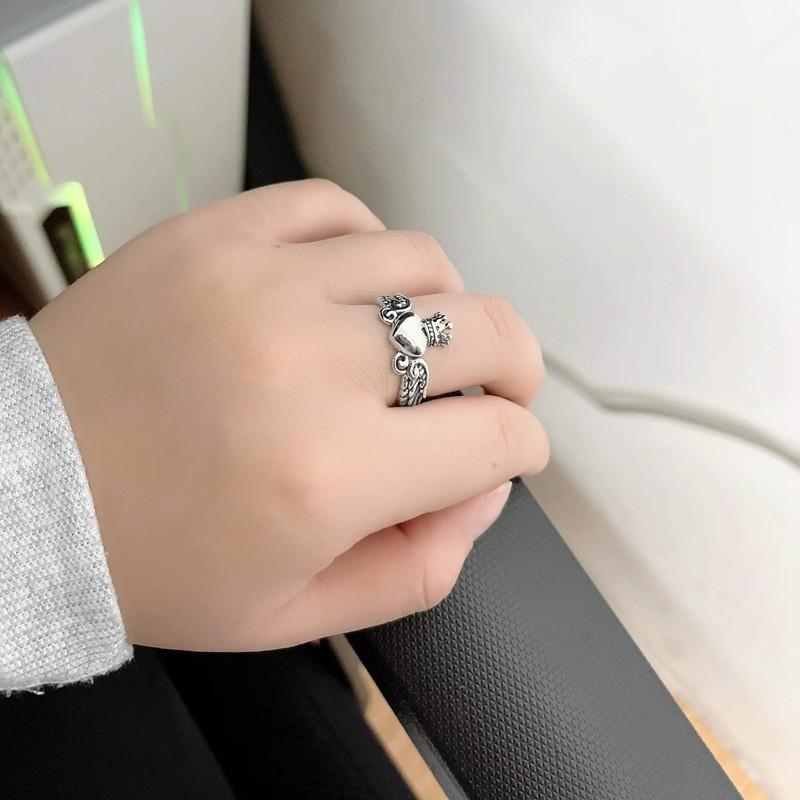 Adjustable Sterling Vintage Heart Wing Ring Men Women Minimalist Retro Boho Jewelry
