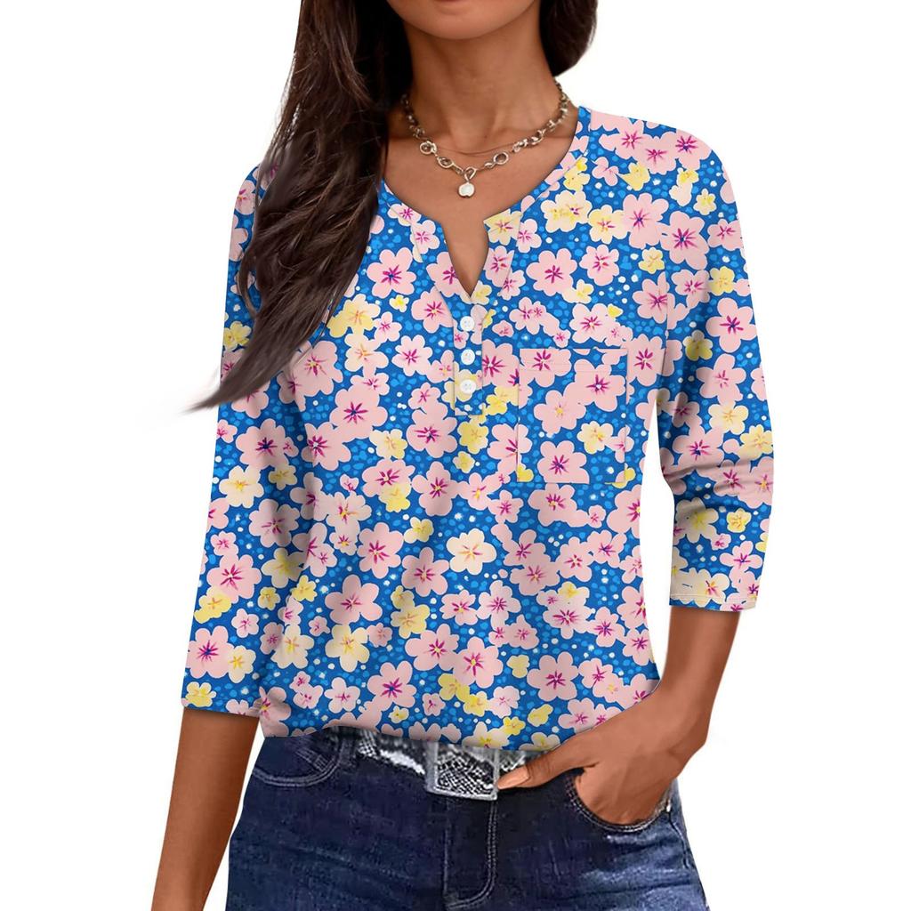 Damska Codzienna Modna Dekolt V Luźna Wszechstronna Kwiatowy Wzór Rękawy Trzyczwarte