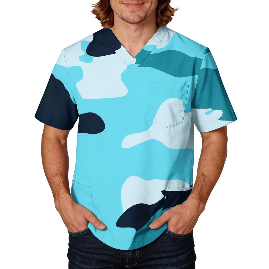 Mens Short Sleeve V Neck Scrub Top Camouflage Printed Pullover Uniform Shirt with Chest Pocket for