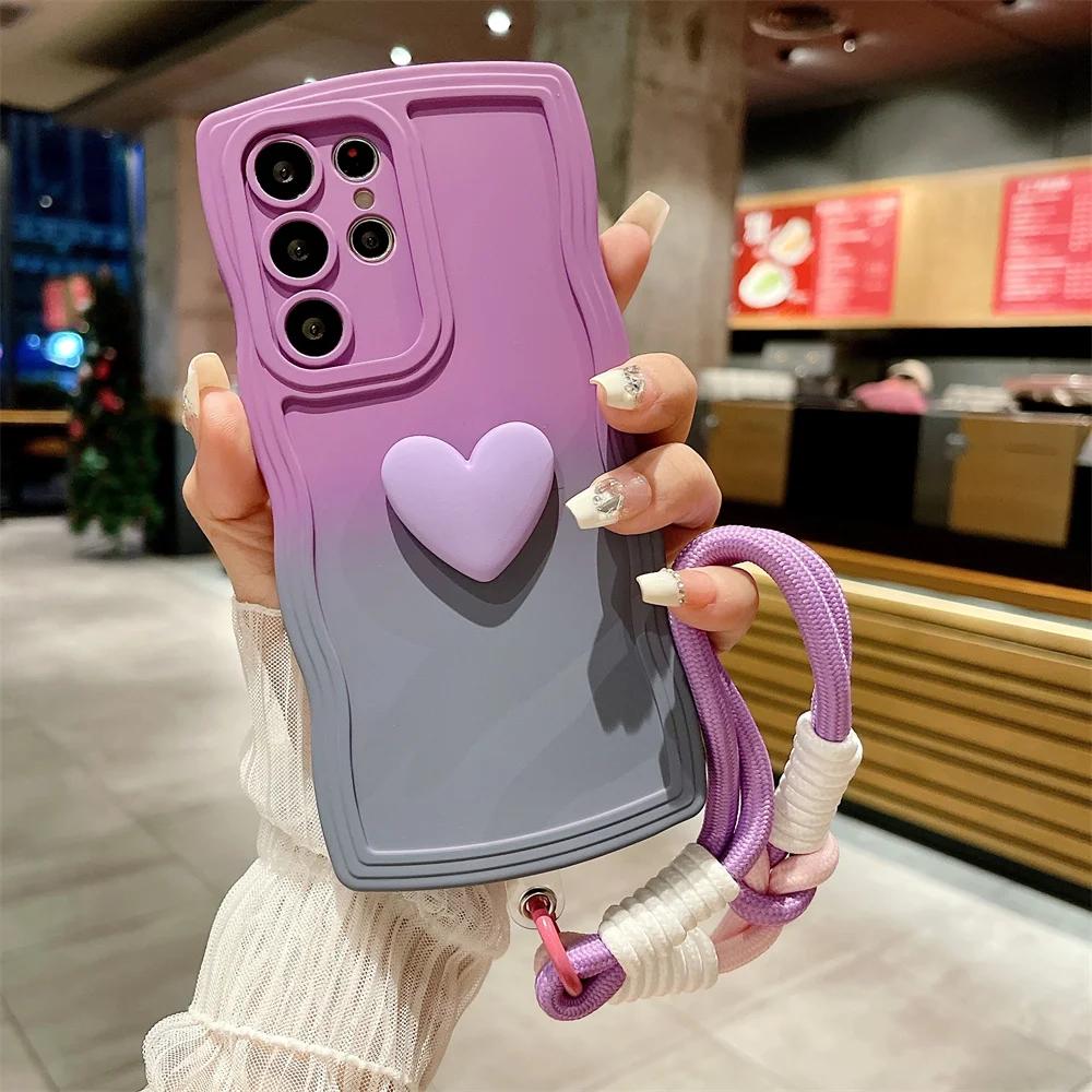 

Чохол Cute Love Heart Wrist Strap Case для Samsung Galaxy S23 S24 Ultra S22 S21 Plus S20 FE A54 A34 A53 A52 A14 Шнурок Gradient Cover S20Plus