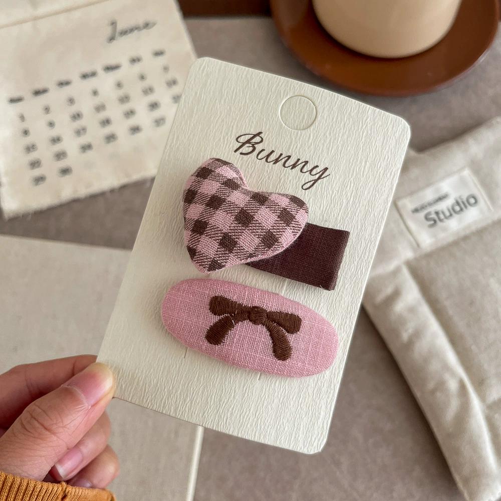 2pcs Pink Coffee Plaid Bow Hair Clip Hairpin Sweet Girl Love Bangs Side Clip Hairpin Children's Hairpin Kids Hair Accessories
