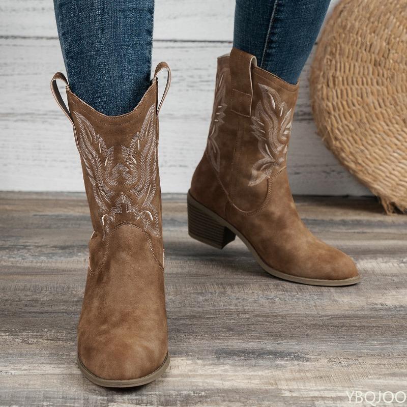 Ladies' Autumn Winter New Embroidered  Thick Heel Boots Retro Midsole Pointed Simple Comfortable Versatile Women's Boots