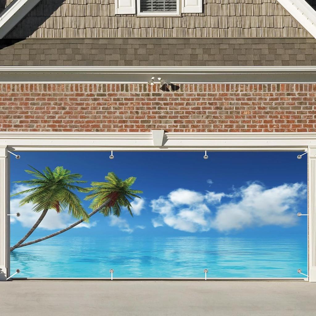 CSFOTO 7x16ft Hello Summer Garage Door Decorative Banner Blue Sky Beach Tropical Palm Tree Garage Decorative Mural Wallpaper Aloha Luau Theme Summer