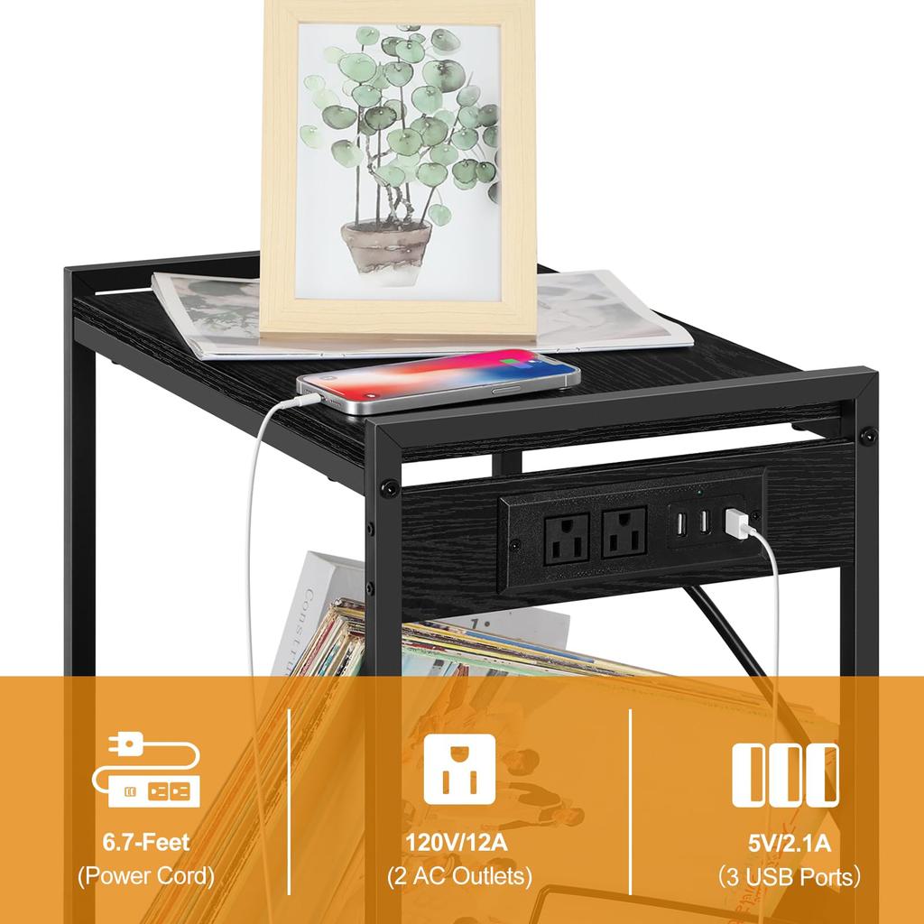 Record Player Stand with Vinyl Storage Side Table with Charging Station, 2 Tier with wheels Record Player Table for Living Room