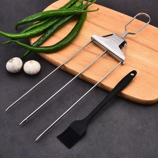 3 Prong Skewers for Grilling Reusable Stainless Steel BBQ Skewers with Push-Off Slider Easy Serving Metal Kabob Skewers Outdoor Grill Accessories