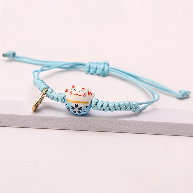Hand Woven Wax Thread Ceramic Wealth Attracting Cat Bracelet, Cute Cat Adjustable Hand Rope Bracelet