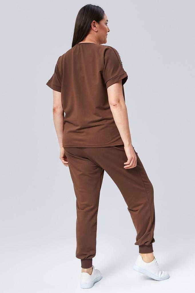 Set de trening de marime mari la moda pentru dama Set de trening de vara verde cu maneca scurta, detaliat cu piatra si margele