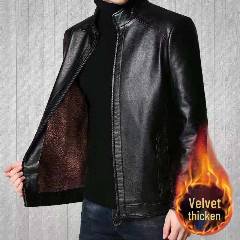Haining Men's Real Leather Jacket - Middle-Aged and Elderly Spring Autumn Business Casual Fleece-Lined Coat