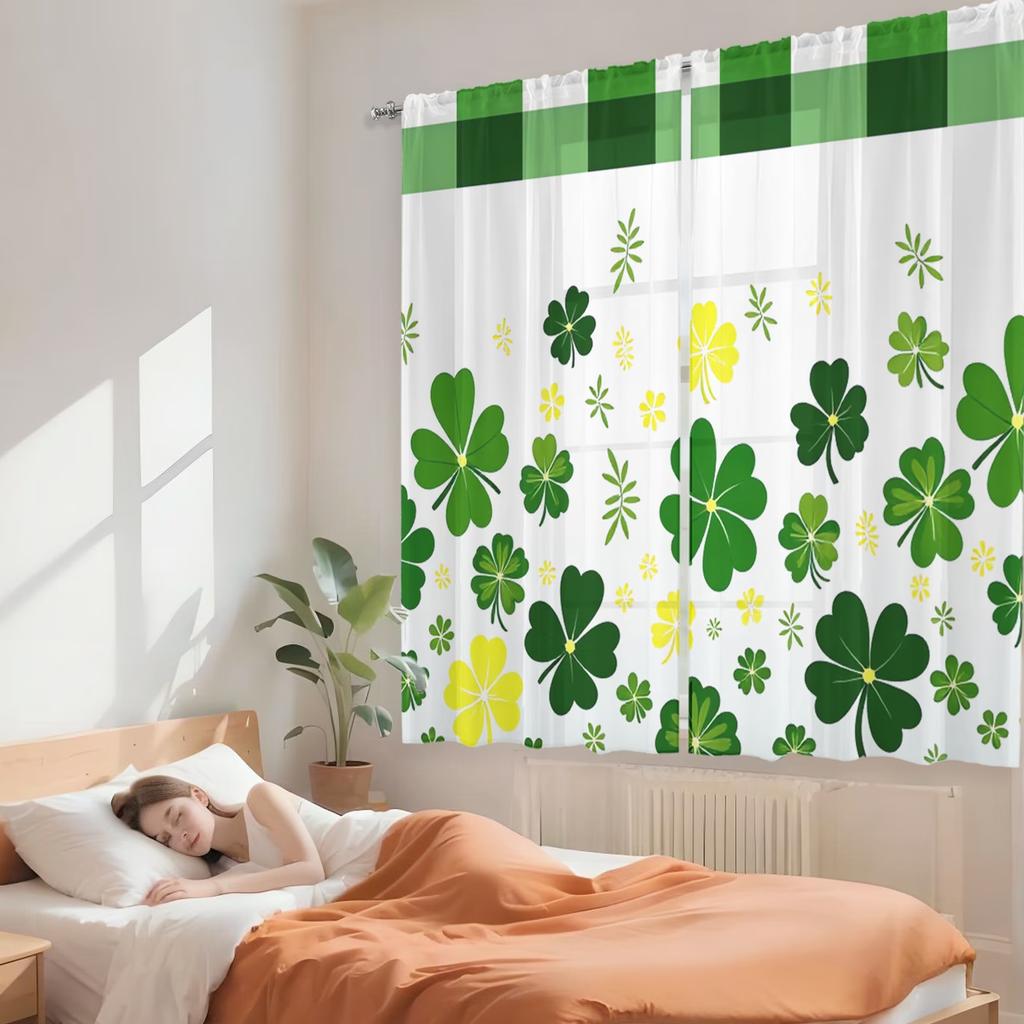 2PCS Digital Printed Sheer Curtain, Four Leaf Clover Lucky Print, St Patricks Day Good Luck for Living Room Bedroom Home Decor