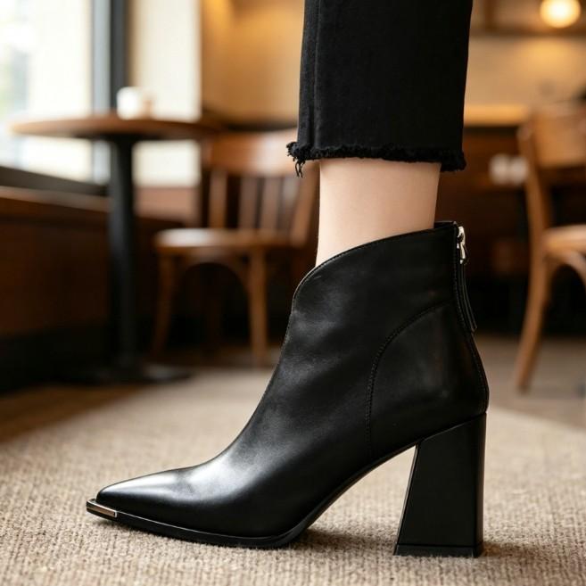 Autumn and winter pointed head thick heel ankle boots women's rear zipper short leather boots temperament thin versatile commuter women's short boots