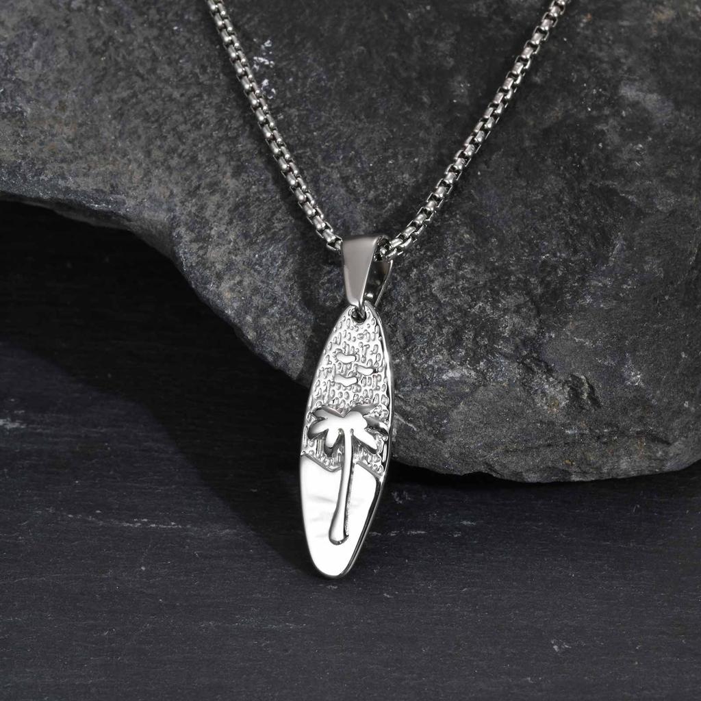 Summer Coconut Tree Pattern Oval Pendant Necklace for Men, Stainless Steel Dainty Fashion Necklace, Retro Jewelry Ocean Vacation