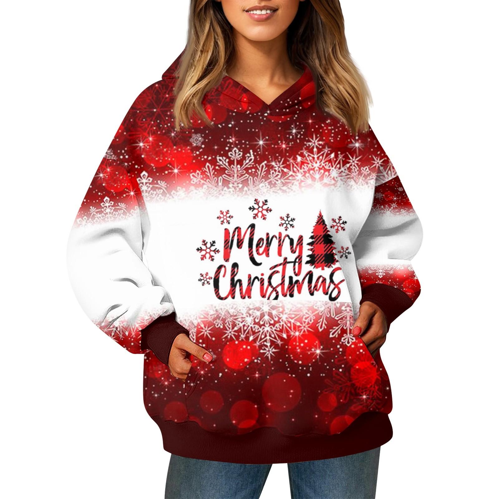 

Женский модный свитер с длинными рукавами и рождественским принтом, с капюшоном и карманом XL белый