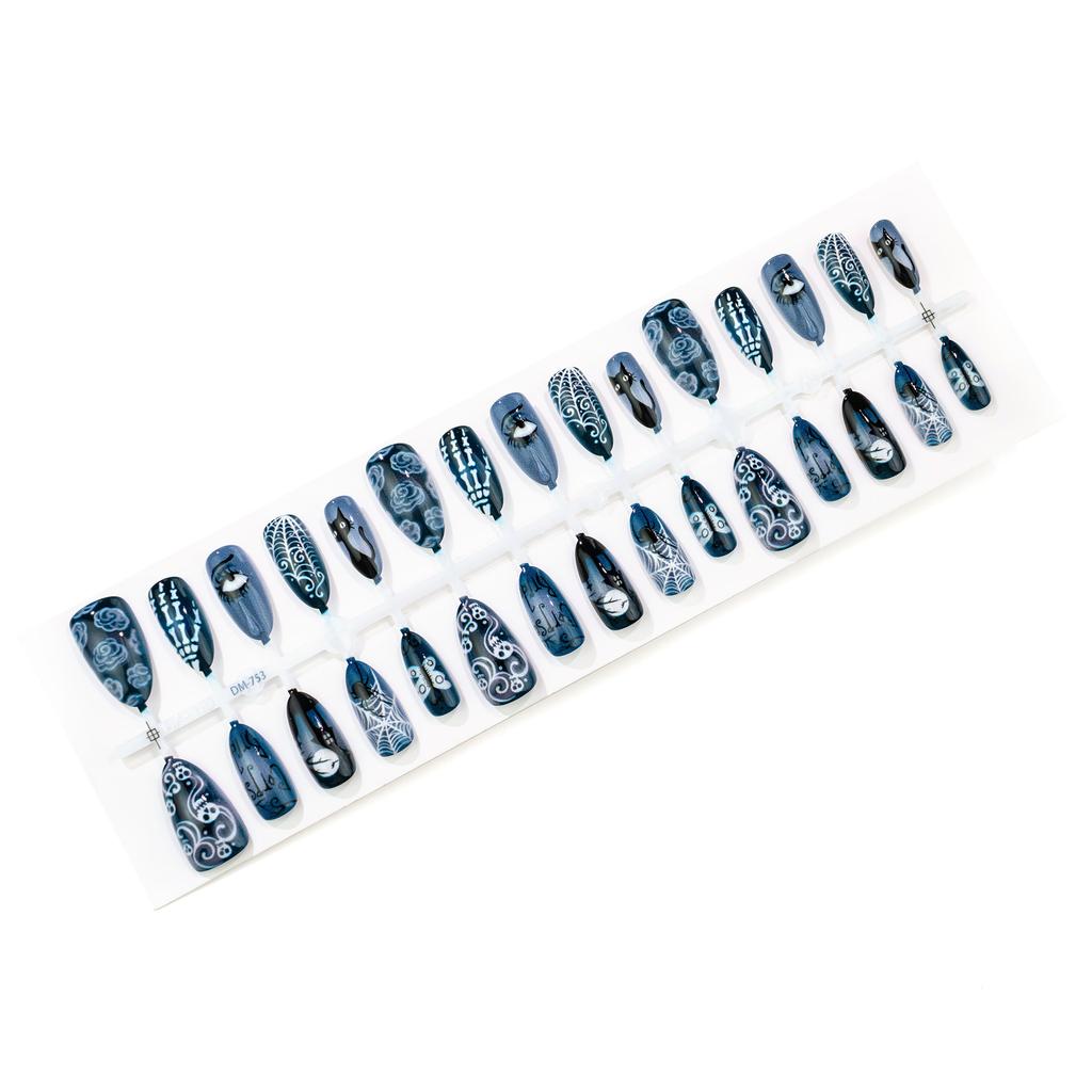 30pcs Halloween Press On Nails Gothic Skeleton Skull Spider Web Black Cat Haunted House Fake Nail Almond False Nail for Women