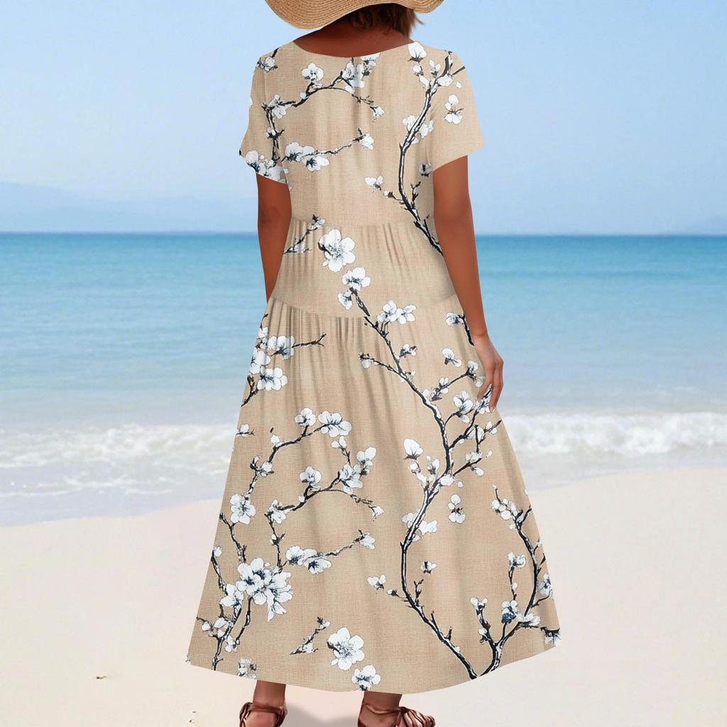 Damen Sommer Casual Blumendruck Kurzarm O-Ausschnitt Hohe Taille A-Linie Stufen Fließendes Boho Maxikleid