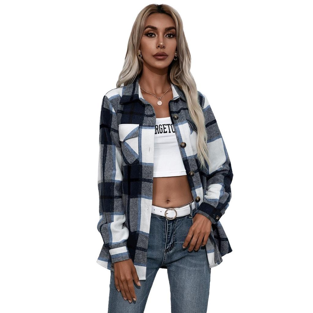 Fall Winter Women's Thickened Cashmere Plaid Shirt Jacket, Casual Loose Long Sleeve Fashion Outerwear