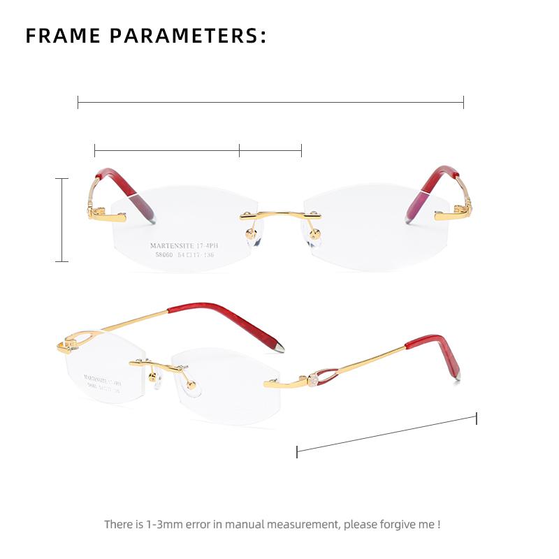 ZIROSAT 58060 Alloy Titanium Female Rimless Eyewear Diamond Trimmed Myopia Spectacle Frame Women Sunglasses Tint Lenses