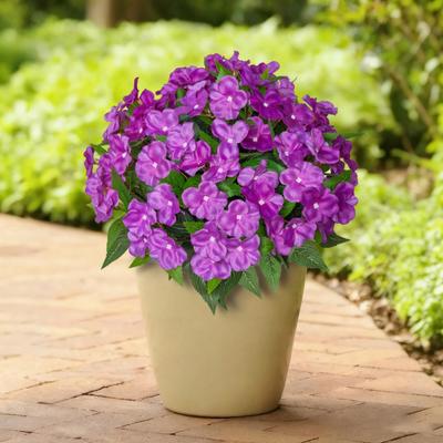 Ramo de 5 Tallos de Flores Artificiales Impatiens Resistentes a los Rayos UV para Exteriores Flores de Seda Artificial para Porche Delantero Exterior Maceta de Ventana Decoración