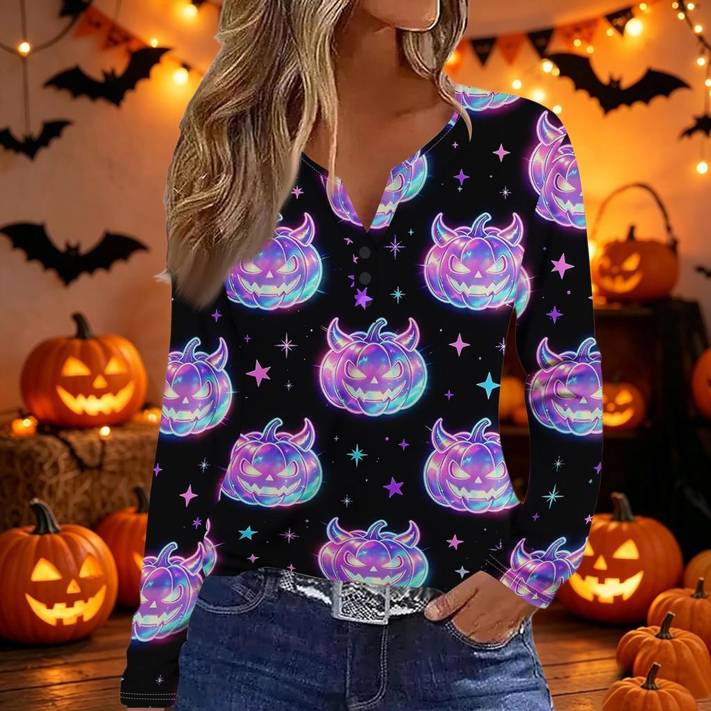 Women's Long Sleeve V Neck T Shirt Halloween Print Button Detail Casual Fashion Top Slim Fit Stretchy Fabric Comfortable Wear