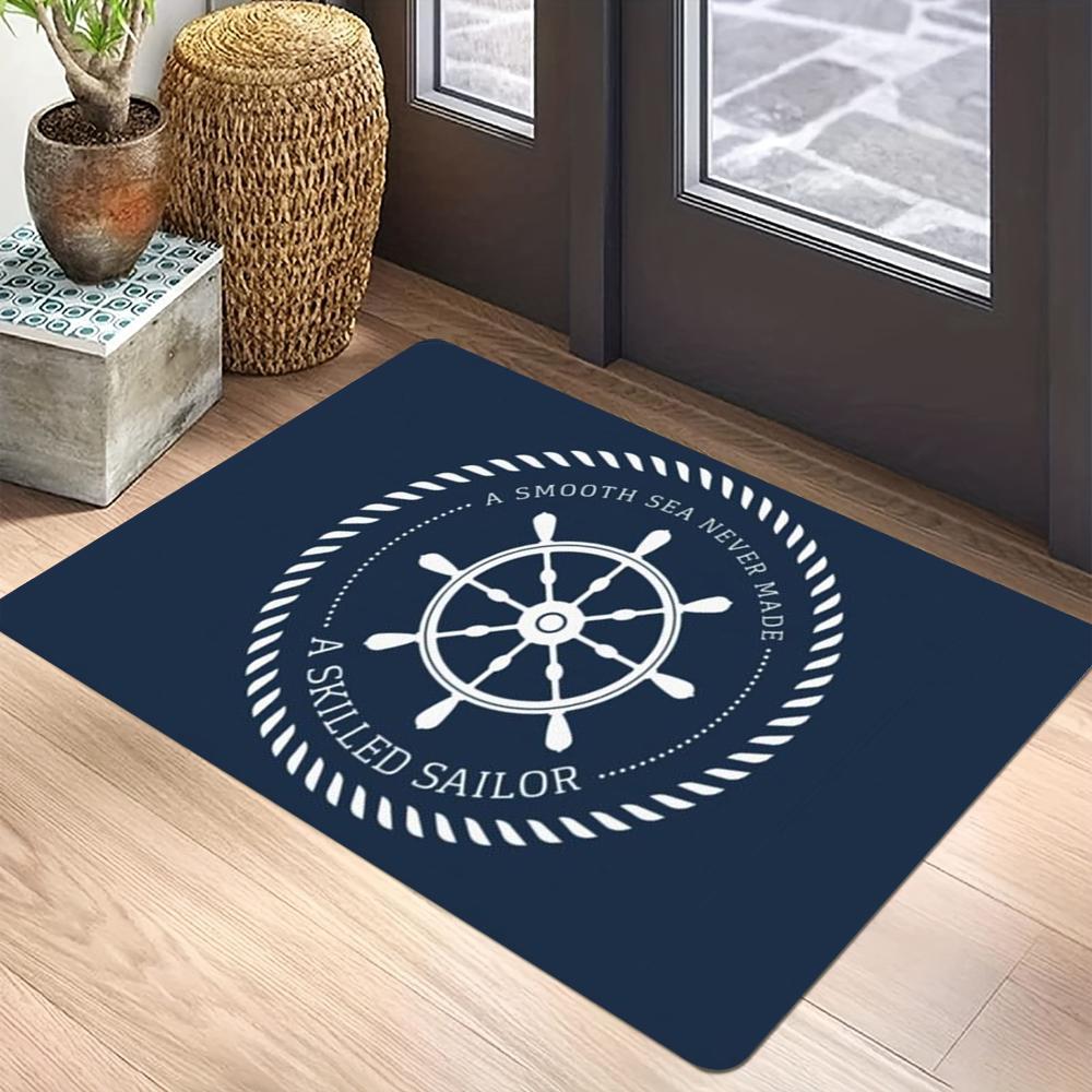 Nautical Vintage Theme Carpet Mat Rug Anchor Steering Wheel Compass Map Retro Hand-drawn Home Decoration Entryway Navy Blue