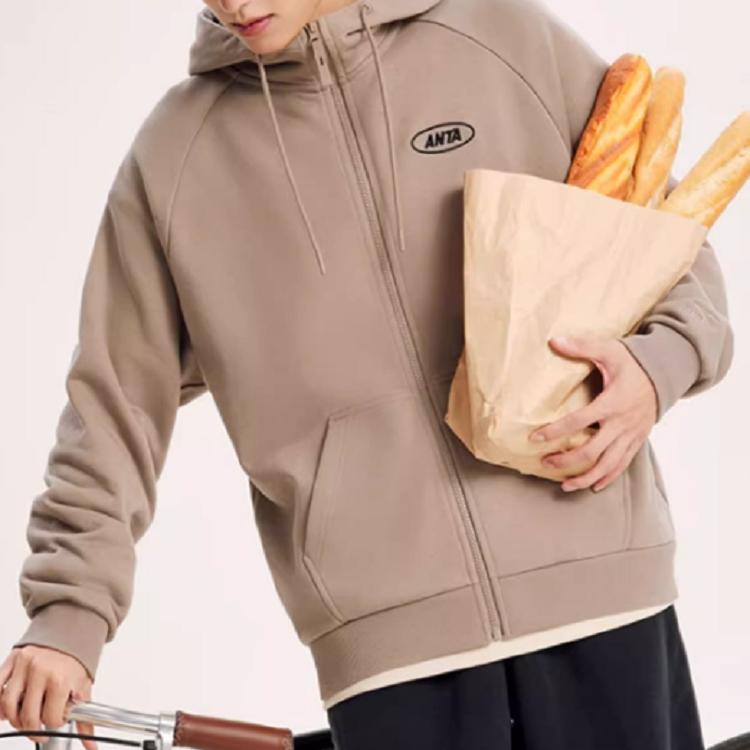 Anta Lifestyle Series Solid Color Zipper Long Sleeve Hoodie Unisex Hoodies Linen-Gray 972338720-6