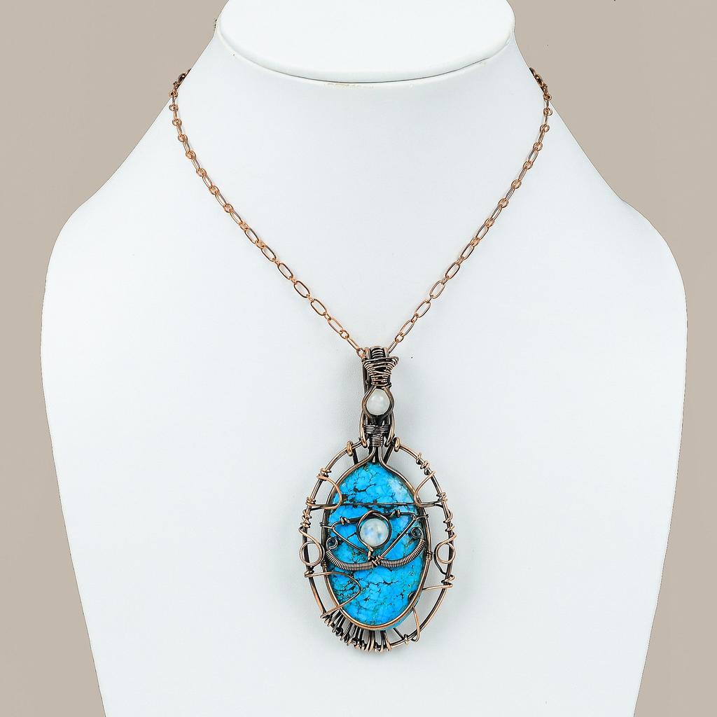 Natural Tibetan Turquoise,Moonstone Gemstone Copper Wire Wrap Pendant 3.74" R6S23