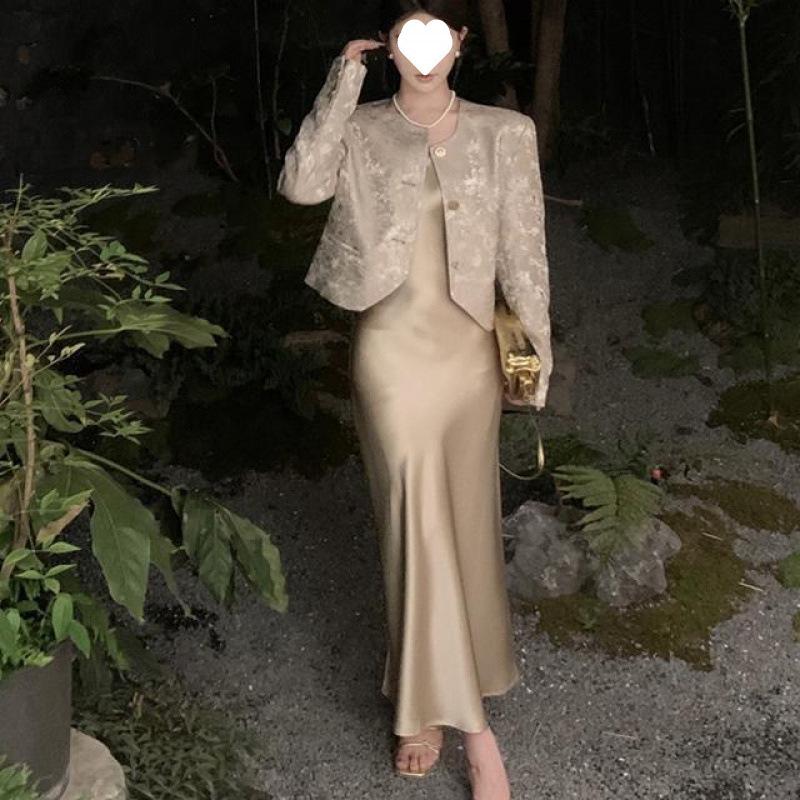 Elegant Women's Jacquard Jacket & Acetate Satin Dress Set