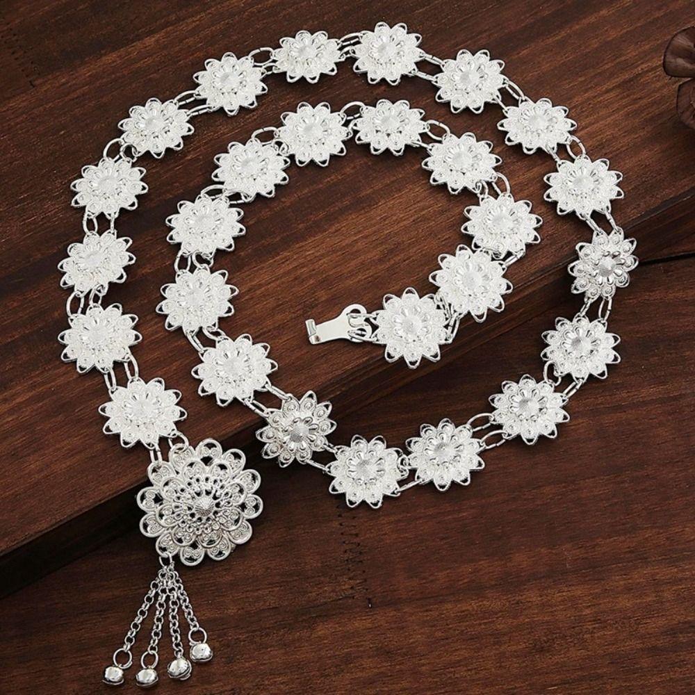 Silver Ethnic Style Belt Bell Dance Dress Belt Chains Flower Metal Waist Chain  Festival Accessory