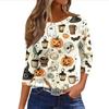 Women 3/4 Sleeve Casual Loose Fit Round Neck Shirt Halloween Bat Print Lightweight Pullover Top for Everyday Wear