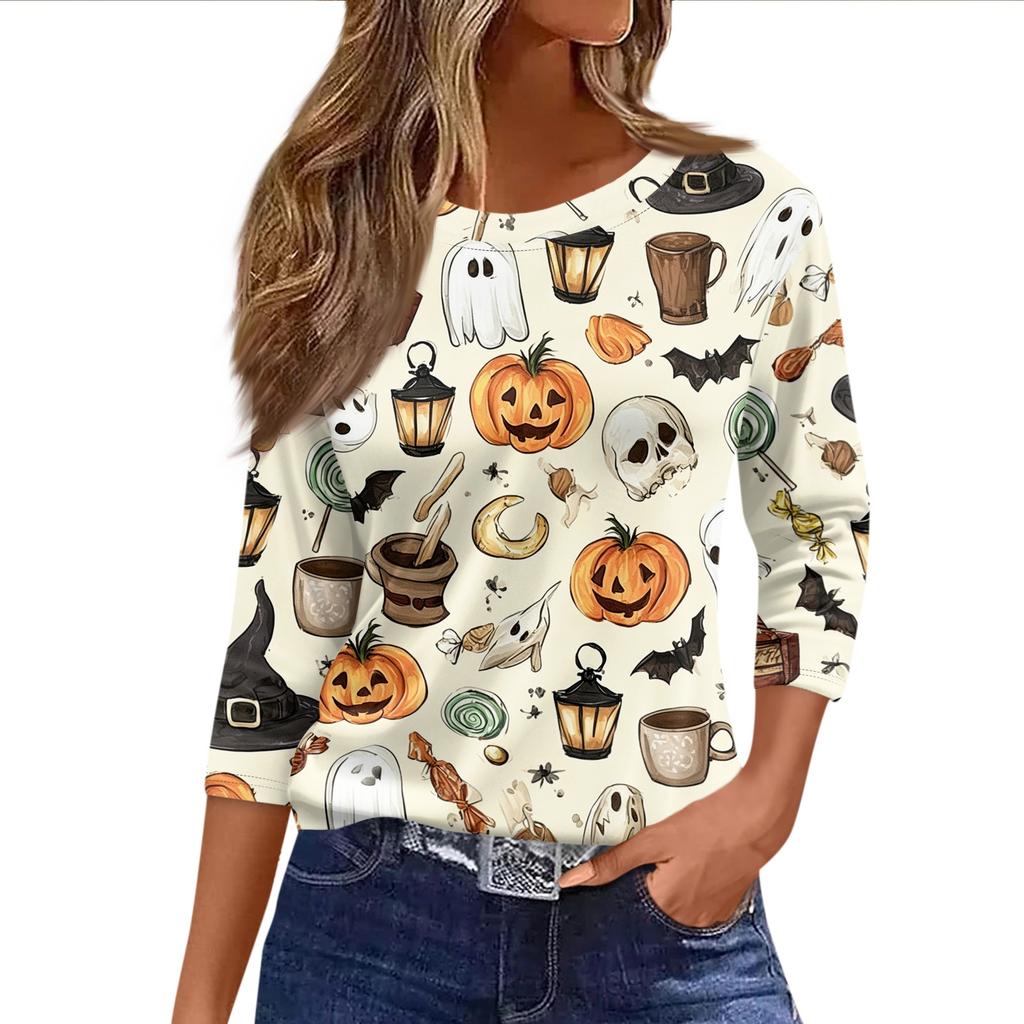 Women 3/4 Sleeve Casual Loose Fit Round Neck Shirt Halloween Bat Print Lightweight Pullover Top for Everyday Wear