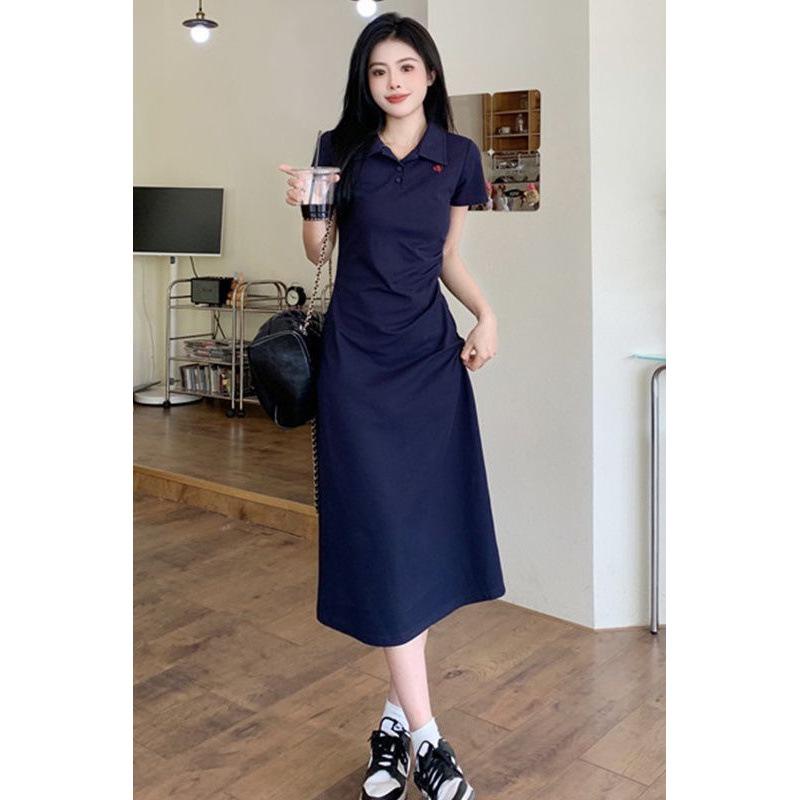 Women's Embroidered Polo Collar Short-Sleeved T-Shirt Dress - Waist-Cinching Slim Summer Long Skirt, Academy Style.