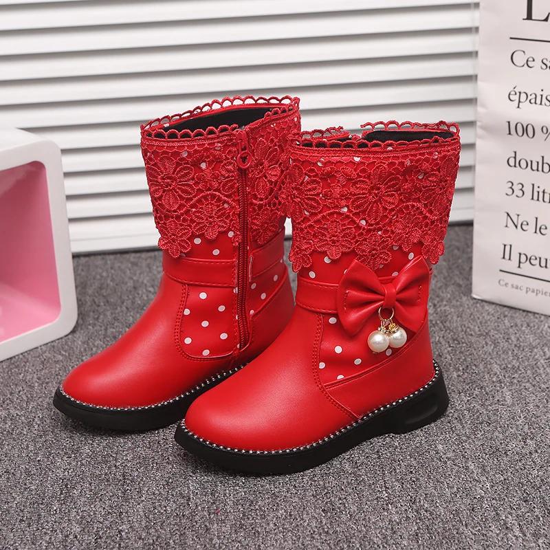 Children Fashion Leather Boots Versatile Lace Beautiful Elegant Princess Shoes PU Cotton Kids Shoes Classic Boots Drop Shipping