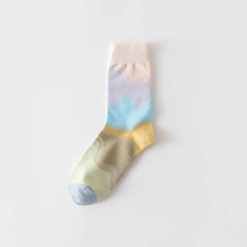Gradient Socks Niche Design Pure Cotton Socks Personalized Oil Painting Internet Celebrity Trendy Versatile Mid-Leg Socks