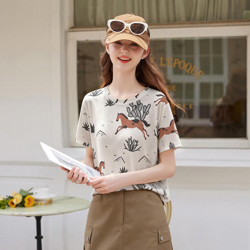 Bailuyu Galloping Horse Cactus Print Knit T-Shirt L