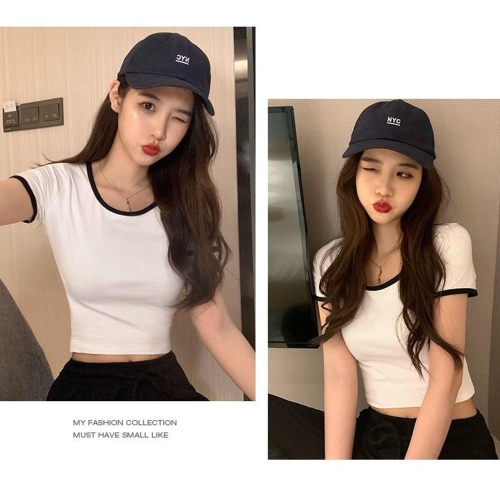 Women's Color Block Trim Crop Top, Cotton Slim Fit Short Sleeve T-Shirt