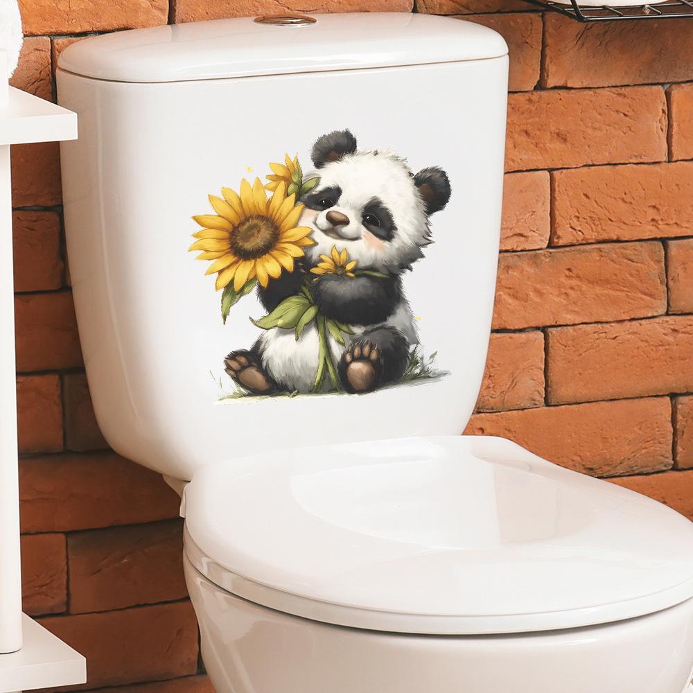 Pegatina de Panda de Dibujos Animados Sosteniendo Girasol para Asiento de Inodoro Decoración del Hogar Calcomanía Extraíble Autoadhesiva