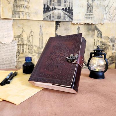 Rose Embossed Leather Journal Dairy Notebook Sketchbook with 200 Pages C Lock 7*5 Inch Brown (Normal Journal)