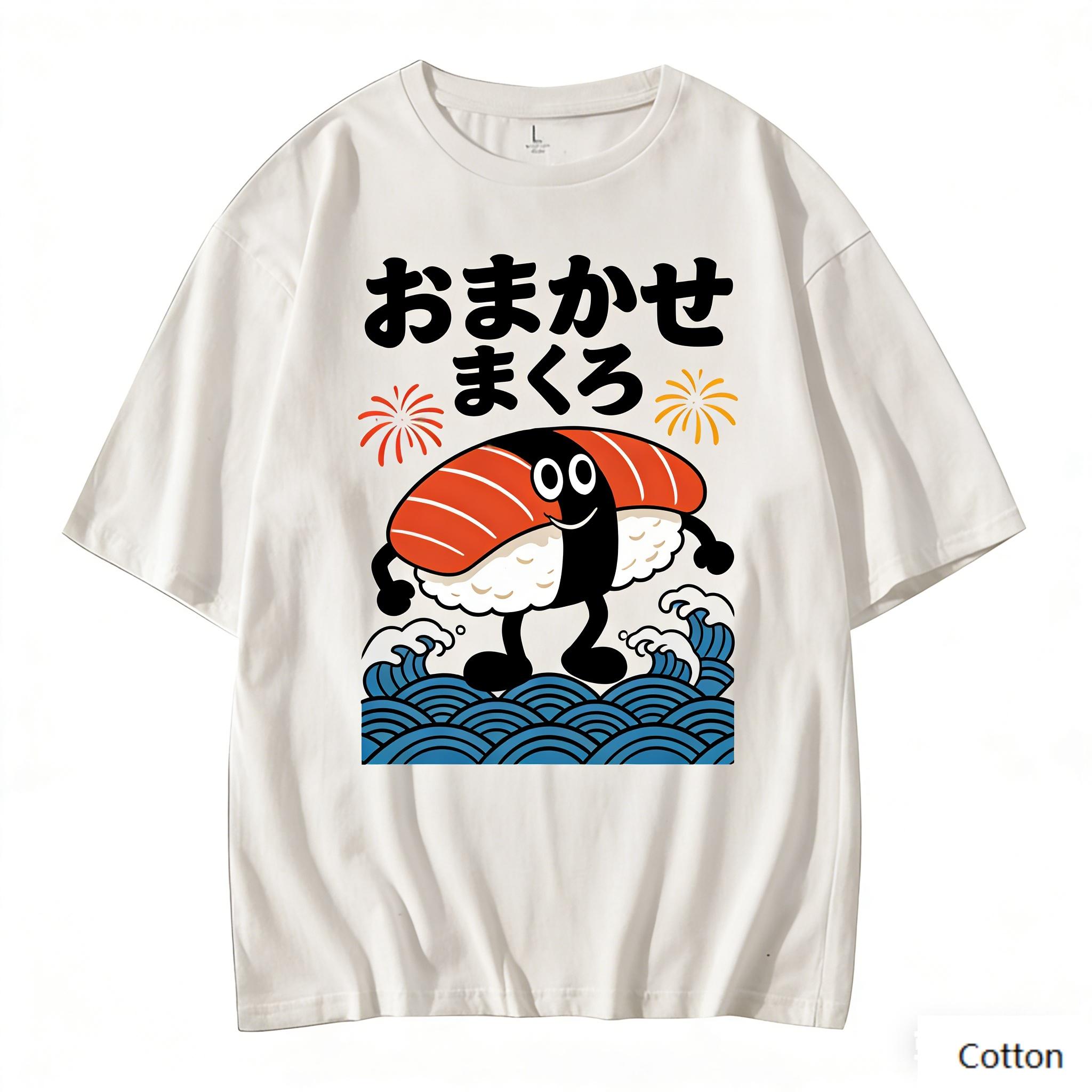 Cute Cartoon Maguro Sushi Character Graphic TShirt Japanese Wave Print Pure Cotton Tee Kawaii Streetwear Style Unisex Top L