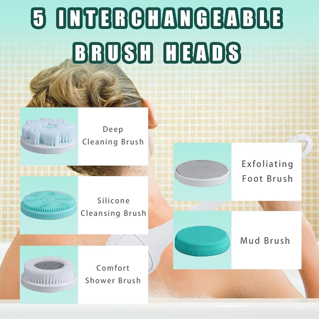 6-in-1 Rechargeable Electric Shower Brush Set for Full Body & Back - USB Powered  Detachable Long Handle & Exfoliating Silicone Brush