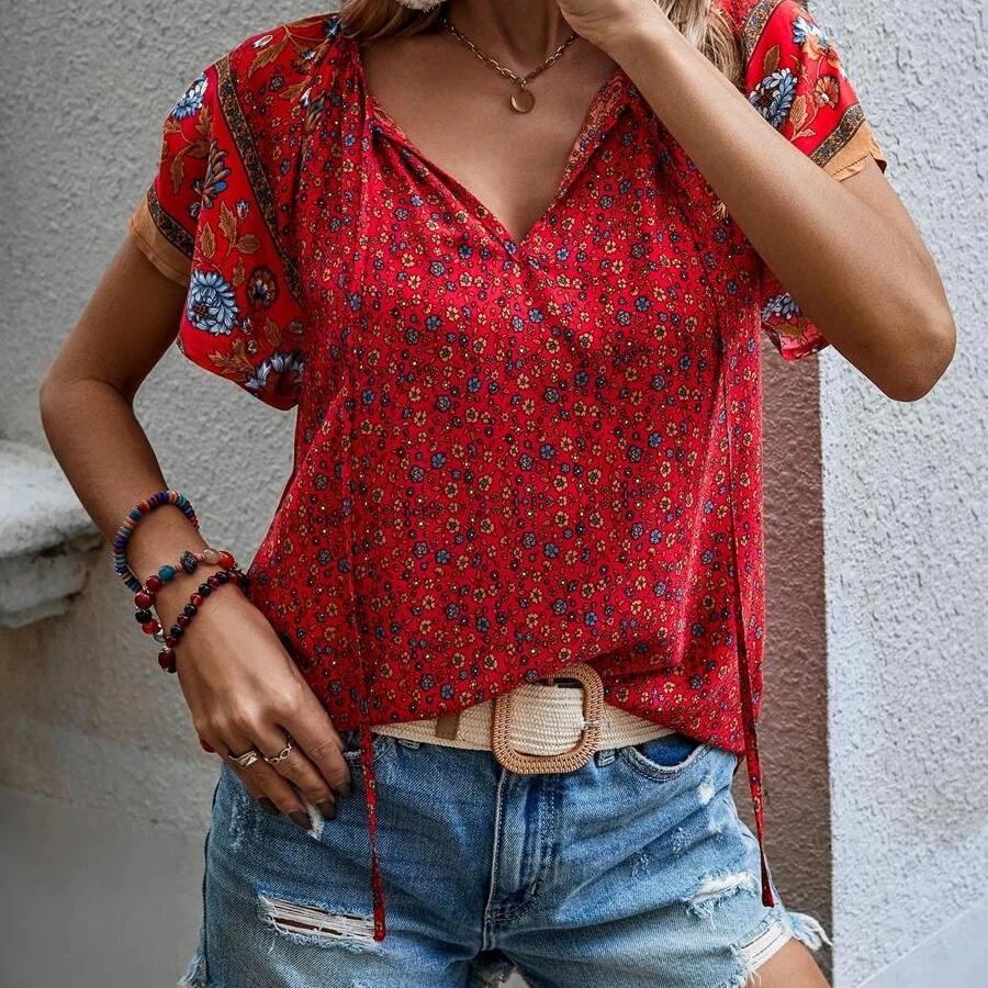 

DAFIFY женские винтажные богемные летние весенние повседневные свободные блузки и рубашки с цветочным узором и коротким рукавом с v-образным вырезом M красный