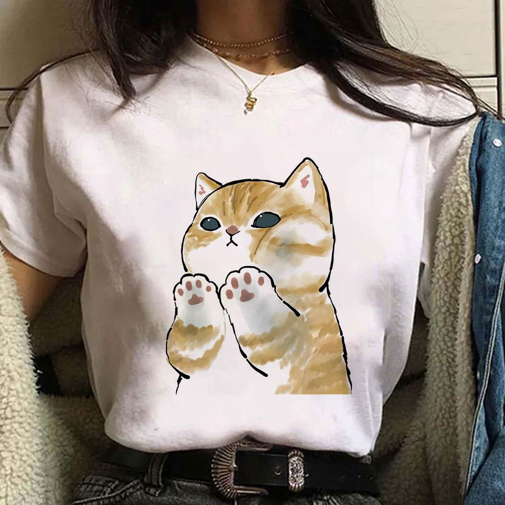 Cute Cat Print Short Sleeves Women's Tshirt Fashion Streetwear Y2k Clothing Sportwear Harajuku Pullover Tops Tees Summer Spring