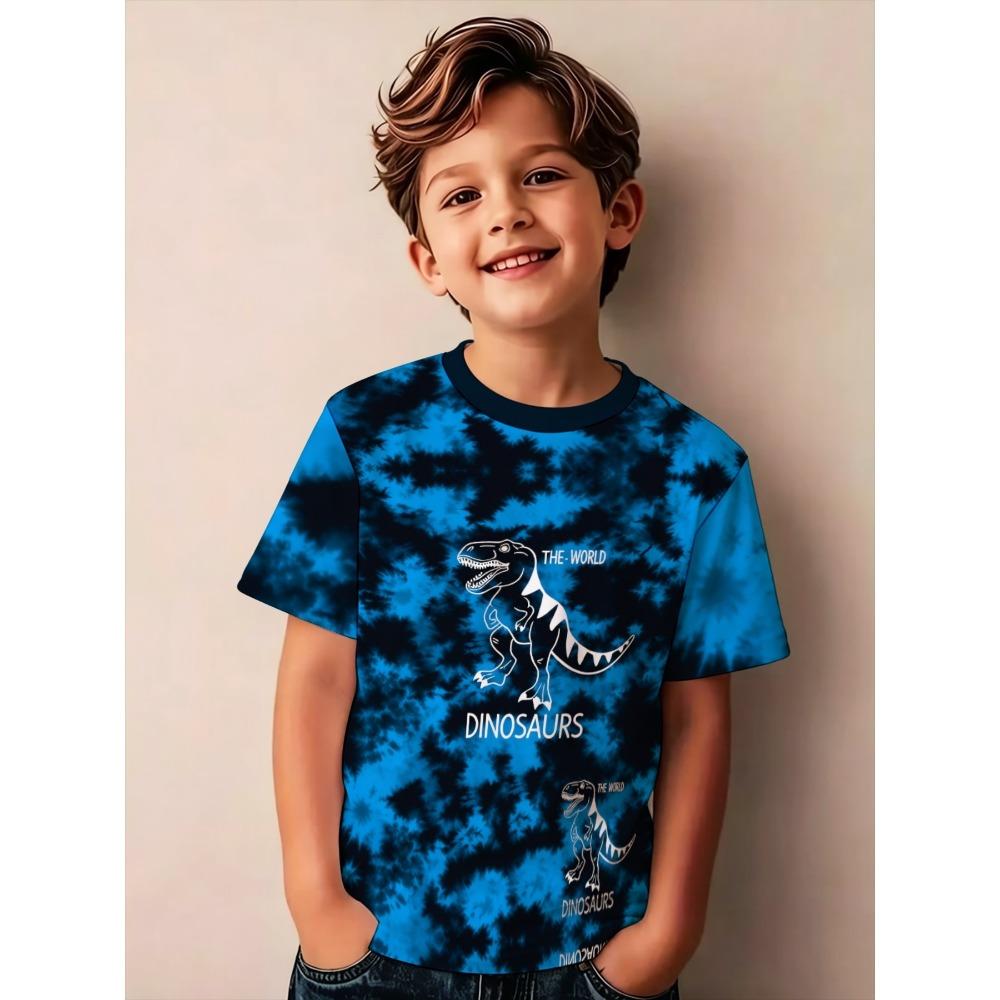 Boys outdoor casual sports round neck short-sleeved T-shirt, tie-dye dinosaur pattern printed T-shirt