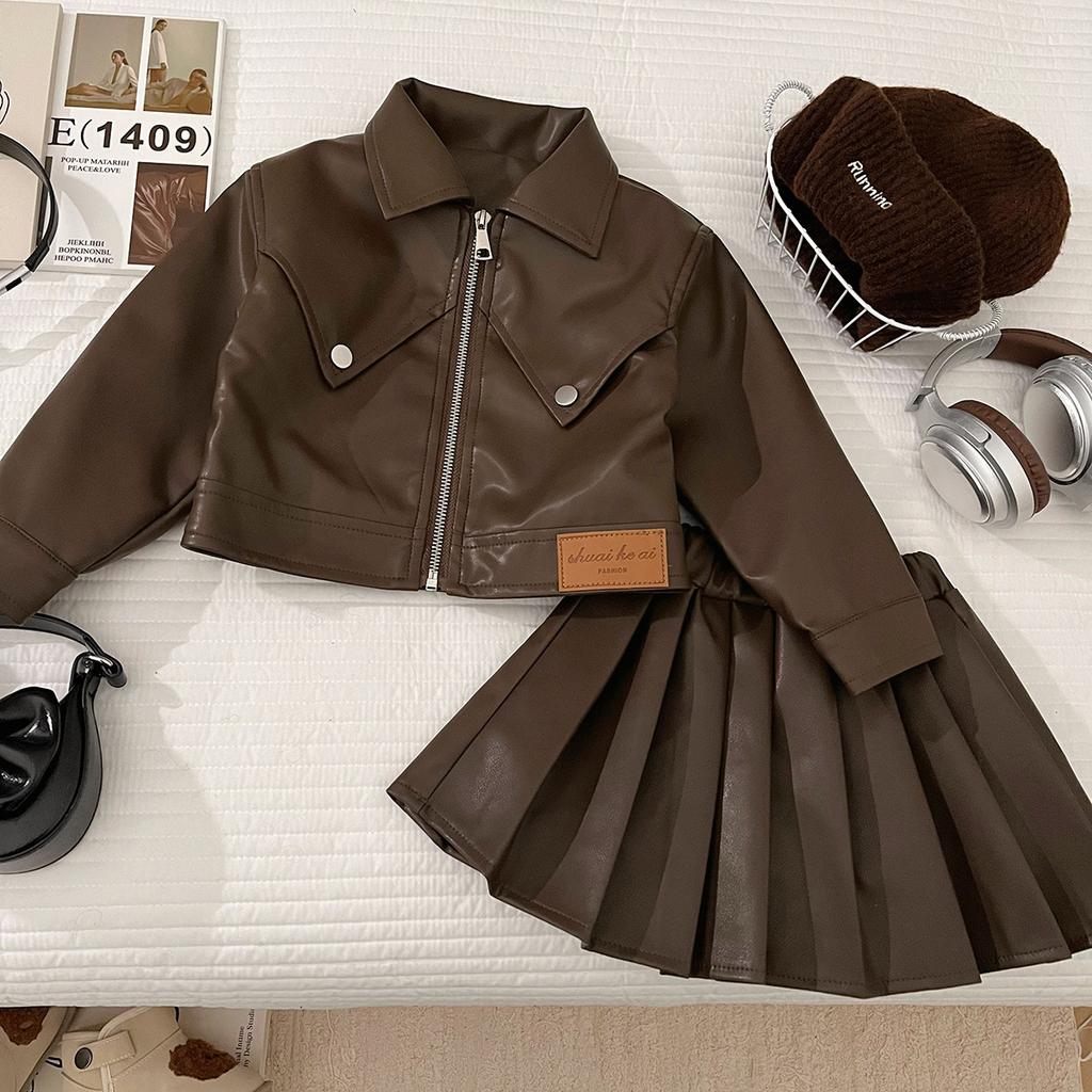 Girls' Spring/Fall PU Leather Set - Korean-Style Biker Jacket + Pleated Skirt Solid Color Simple Two-Piece Set