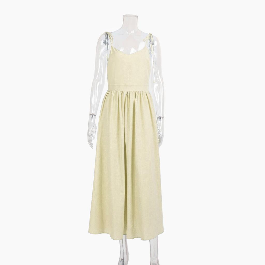 Spring New 100% Cotton V-neck Cami Dress, Women's Elegant Sexy Tie-back Open Back Dress, Cross-border European American Style