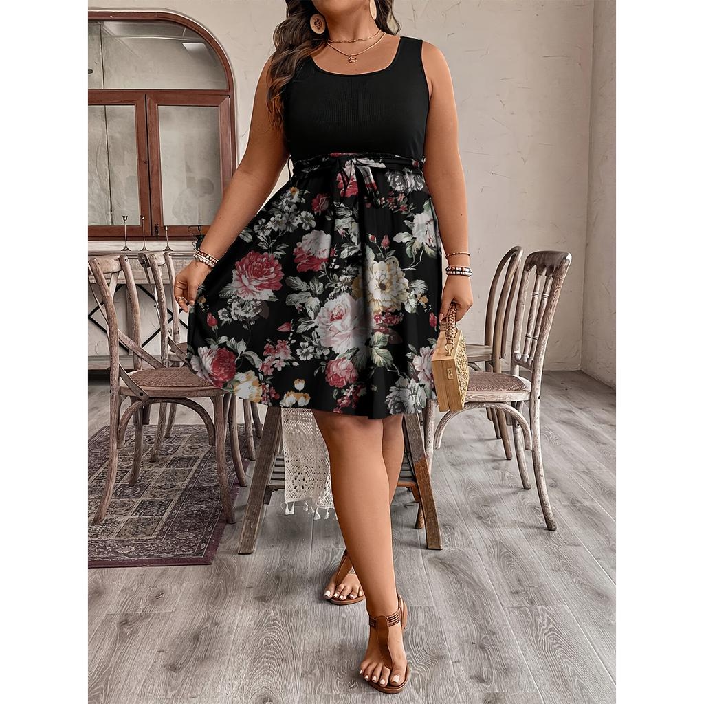 Women's Fashionable Casual Color Blocked Printed Sleeveless Waist Dress In Large Size