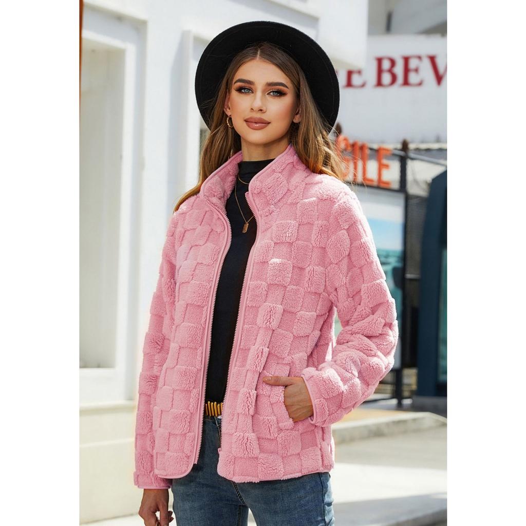 Jesień Zima 2025 Nowa Damska Kurtka Polarowa Długi Rękaw Zapinana na Zamek Luźna Jednolita Kolorowa Kraciasta Puszysta Kurtka