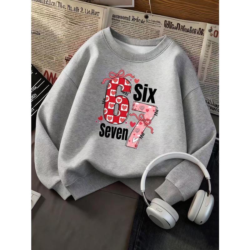 Kids Unisex Sweatshirt, Heart Plaid Bow Number 67 Six Seven Print Long Sleeve Pullover, Cute Birthday Sweatshirt For Boys Girls Kids Over 4 Years Old