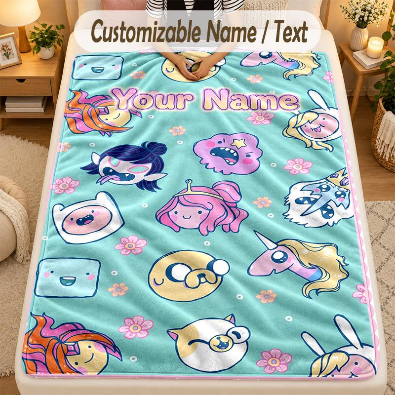 Flannel BlanketAdventure Time Cartoon Custom Name Text Personalized Soft Warm Throw Blanket Home Decor Gift