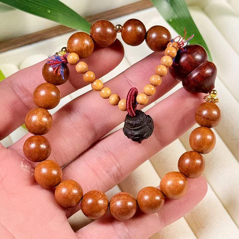 DIY Peach Wood Buddhist Beads Rosary Bracelet for Wealth and Prosperity - Gourd Charm Retro Style Unisex Jewelry